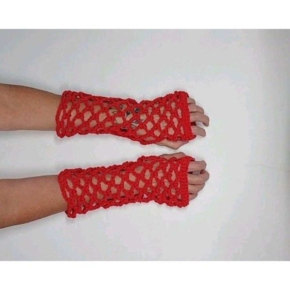 Fishnet Handmade Red Crochet Long Fingerless Cotton Gloves Mesh Goth NEW